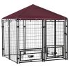 PawHut 5' x 5' Outdoor Dog Kennel with Rotating Bowl Holders, Walk-in Pet Playpen, Wire Steel with Water and UV-Resistant Canopy, Red