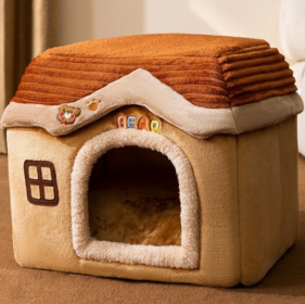 Foldable Dog House Pet Cat Bed Winter Dog Villa Sleep Kennel Removable Nest Warm Enclosed Cave Sofa Pets Supplies (Option: Brown Bear Castle-Small)