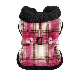 Sherpa-Lined Dog Harness Coat (Color: Hot Pink & Tan Plaid, size: X-Large)